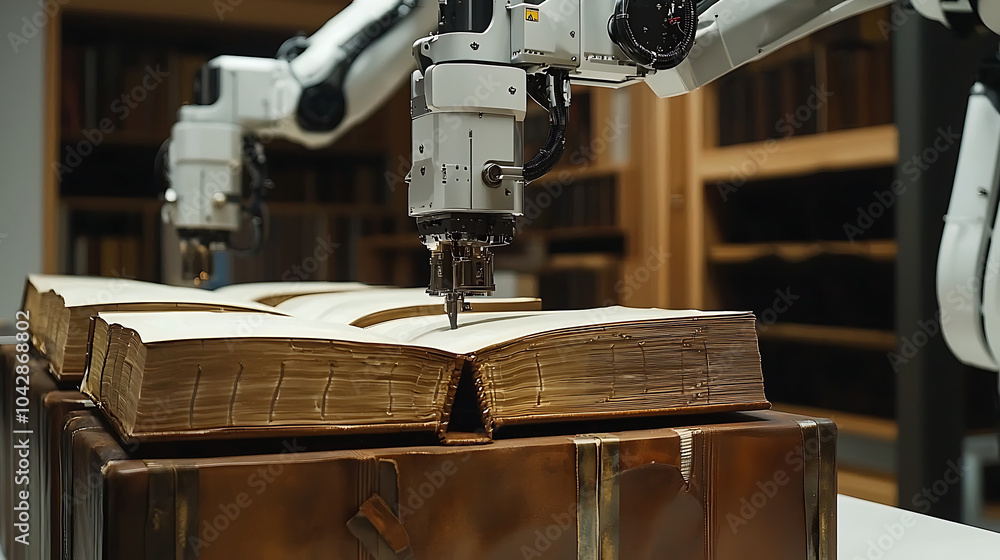 Aufkleber futuristic bookbinding studio features advanced robotic arms meticulously working on large, open boo