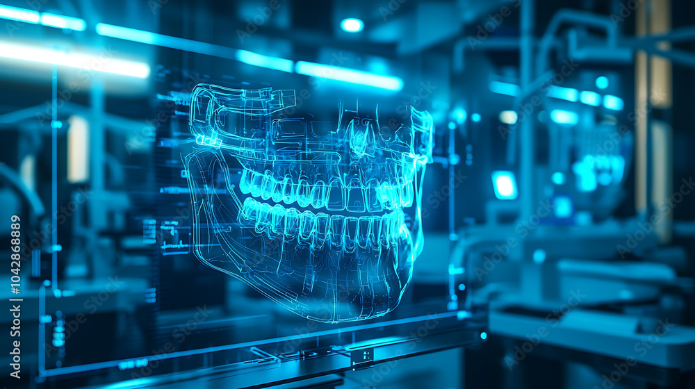 Poster futuristic depiction of transparent 3d skull model displayed in high tech medical environment, showc