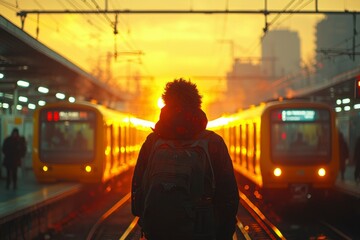 Naklejka premium Silhouetted Person with Backpack Stands Between Two Trains at Sunset