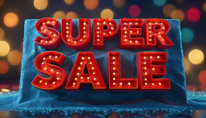 Bold Super Sale sign, illuminated letters on blue, festive shopping promotion backdrop