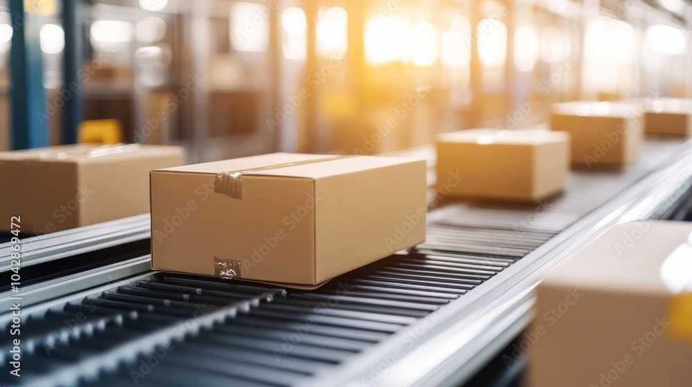 Poster efficient conveyor system transporting boxes, a modern industrial design solution for seamless opera