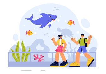 Aquarium Vector Illustration featuring an Underwater Scene with Fish Observation, Sea Animals, and Various Marine Flora and Fauna in a Background