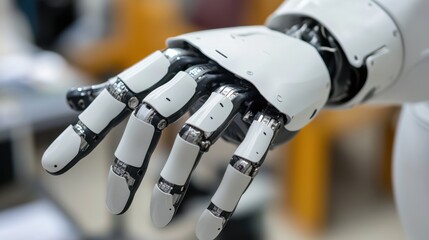 An extreme close-up of the flexible synthetic muscles and tactile sensors of a humanoid prosthetic limb robot in a rehabilitation robotics lab, Robotics style, photo of