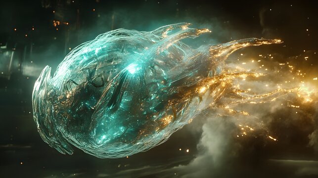 The being's form reveals biomechanical structures encased in a transparent shell of glowing energy