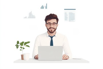 Happy businessman working on laptop, charts in background. Success!