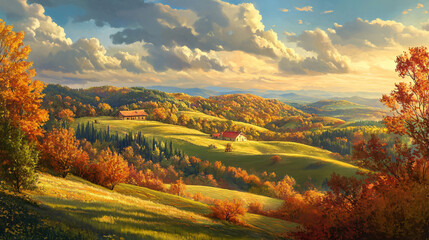 Obraz premium A beautiful panorama of rolling hills painted in autumn colors, inviting viewers to immerse in nature’s beauty.