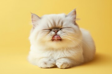 Fototapeta premium A white cat with closed eyes and its tongue sticking out. This image is perfect for representing happiness and contentment.