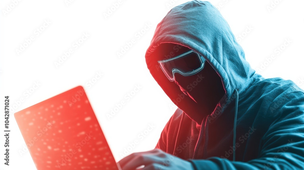 Aufkleber cybersecurity threat: anonymous hacker using laptop in the shadows.
