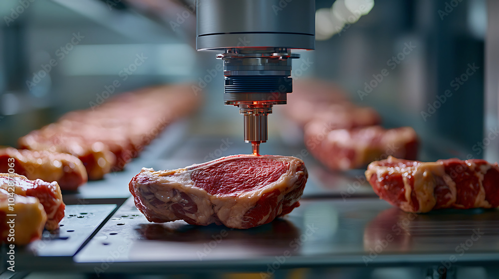 Aufkleber high tech meat production line with robotic precision, showcasing automated processing of meat cuts.