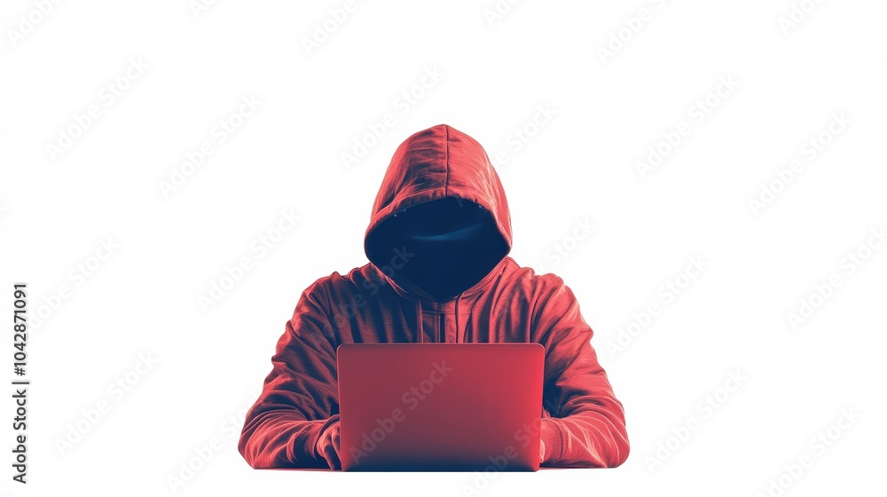 Poster anonymous hacker in red hoodie,typing on laptop.cybersecurity threat?