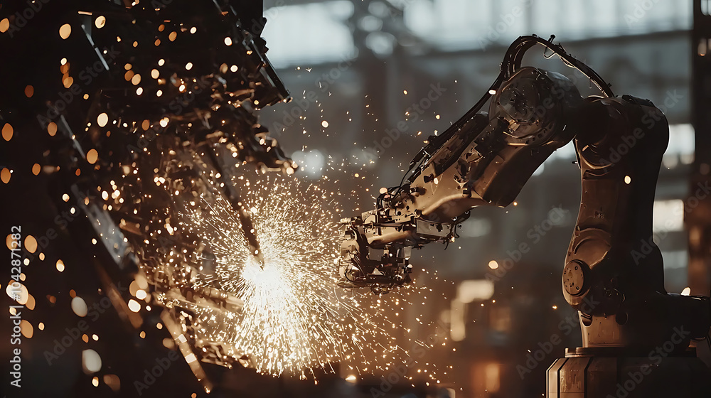 Aufkleber high tech metalworking shop featuring robotic arms creating sparks during manufacturing process. sce