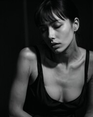 Naklejka premium Moody Black and White Portrait of a Thoughtful Woman in Soft Light and Deep Shadows