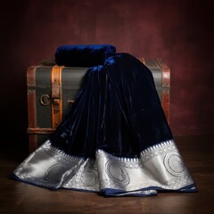 Blue Velvet Saree On Vintage Suitcase