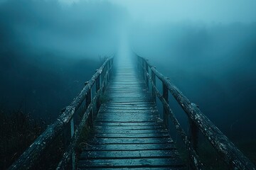 Obraz premium A Wooden Bridge Leading into Dense Fog