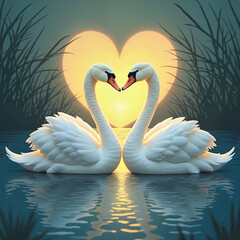 Obraz premium Romantic Swans Forming Heart Shape Against Sunset Lake Background
