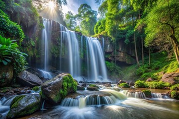 Extreme close-up view of Holy Phnom Kulen waterfall in lush forest