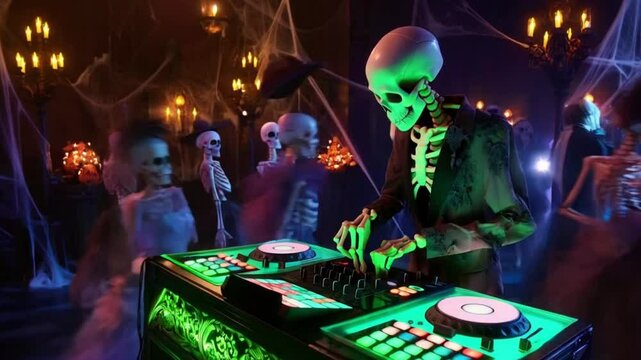 Spooky halloween party with skeleton dj playing music and dancing skeletons in a haunted house