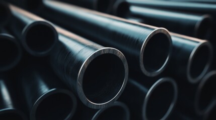 Fototapeta premium Black steel pipes stacked for construction, representing materials commonly used in the industry, specifically for building and steel product development. 