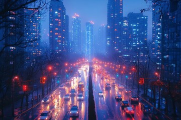 Fototapeta premium A City Street at Night, Illuminated by Streetlights and Car Headlights in the Rain