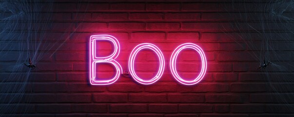 Neon Boo sign with spider webs, spooky haunted house backdrop.