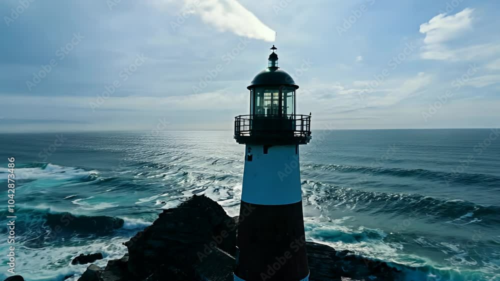 Poster camera fly around a lighthouse with a rotating beacon light, featuring a spiral staircase and rocky 