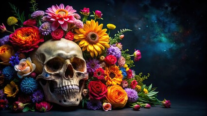 Colorful skull adorned with flowers on a dark background