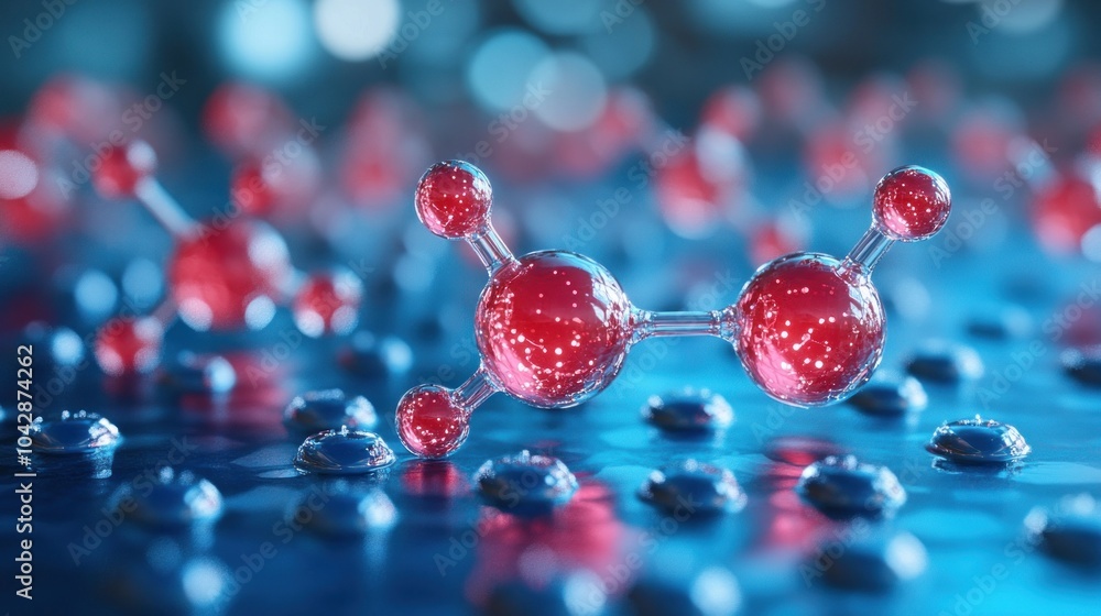 Poster molecular structure with glowing particles on a digital background.