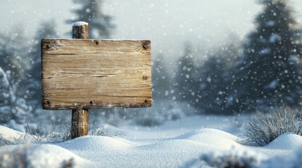 Fototapeta premium Snowy winter wonderland, rustic wooden sign nestled among snowcovered trees in a serene forest