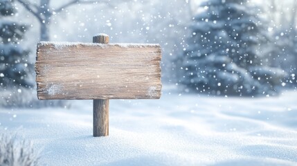Naklejka premium Snowy tranquility, rustic wooden sign in a winter wonderland forest landscape rustic