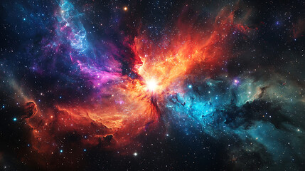 vibrant cosmic explosion in outer space, showcasing stunning array of colors including fiery reds, deep blues, and purples. This celestial scene captures beauty and mystery of universe