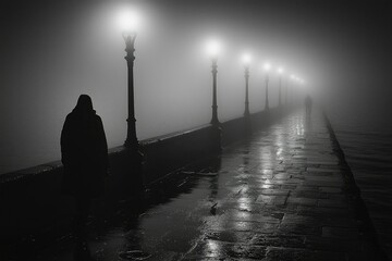 A Silhouette of a Person Walking Away on a Foggy Pier with Streetlights