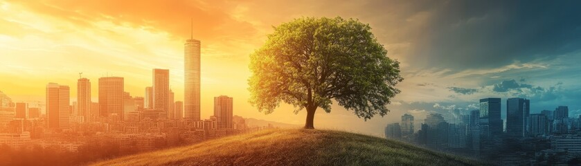 Obraz premium Urban oasis, serene tree thriving amidst the concrete jungle a captivating visual contrast