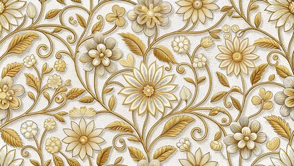 Floral embroidery pattern with gold and white thread