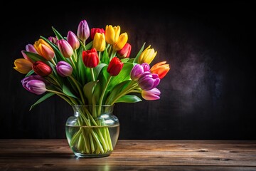 Colorful tulip bouquet reflected in vase on black background