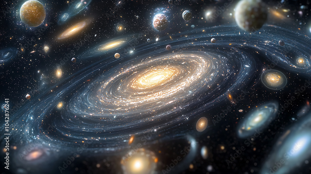 Aufkleber swirling vortex of colorful galaxies spins in vastness of space, showcasing mesmerizing array of cel