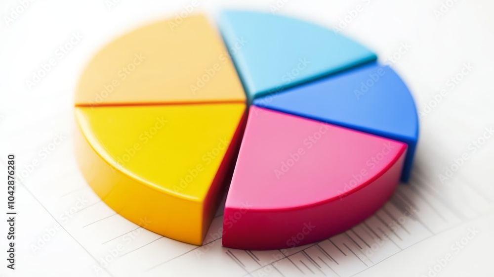 Poster purple pie chart data visualization with realistic pie graphic, business analytics and growth