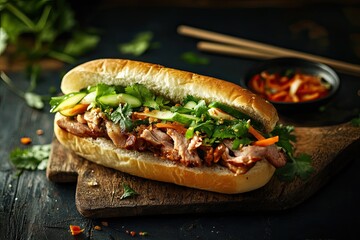 Vietnamese Banh Mi Sandwich with Grilled Pork, Cucumber, and Cilantro