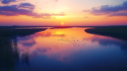 Fototapeta premium tranquil river delta at sunset with calm waters reflecting vibrant colors and silhouettes of birds flying across sky, creating serene atmosphere