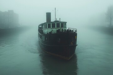 A Black Boat on a Foggy River