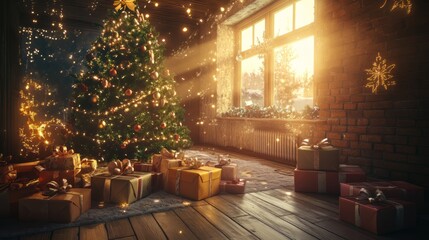 Photorealistic Christmas morning scene with gifts being unwrapped under the tree and a joyful atmosphere