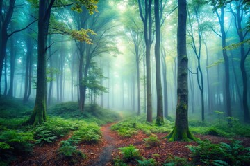 Obraz premium Foggy forest with fairytale look