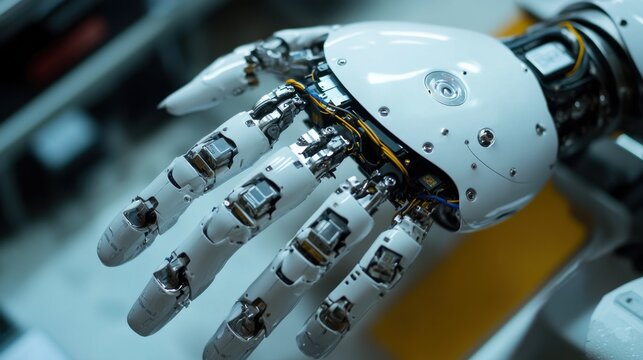 An extreme close-up of the micro actuators and sensory feedback systems of a robotic prosthetic limb in a biomedical engineering lab, Robotics style, photo of