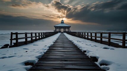 A wooden pier stretches out to a gazebo with a sunbeam breaking through the clouds, surrounded by snow.