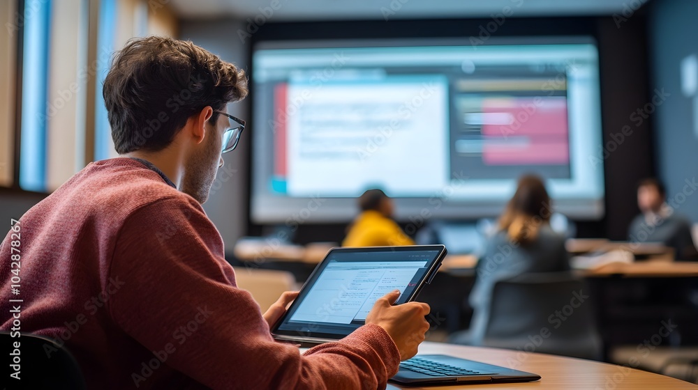 Aufkleber college student using hybrid learning methods in classroom environment