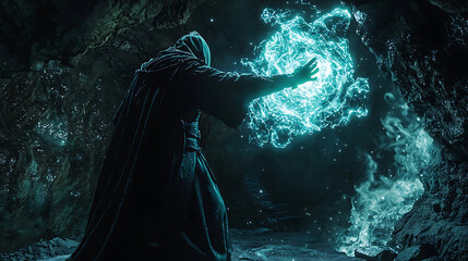 Obraz premium wizard casting spell in dark cave, surrounded by glowing magical energy. atmosphere is mystical and enchanting, evoking sense of wonder and adventure