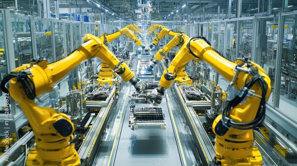 Poster industrial robots assembling products in automated factory