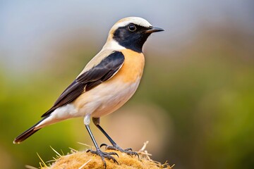 Long shot of a Black-eared Wheatear perched on a rock