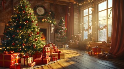 Photorealistic Christmas morning scene with gifts being unwrapped under the tree and a joyful atmosphere