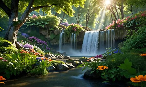 Aerial time-lapse of Vibrant natural landscape with cascading waterfall, lush greenery, and colorful flowers in a tranquil paradise