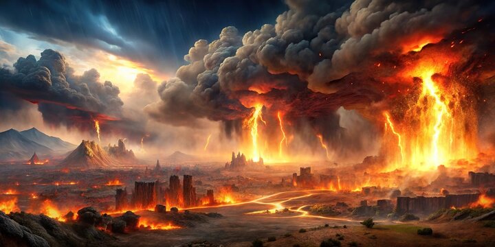 Concept: Panoramic view of the destruction of Sodom and Gomorrah with fire raining down